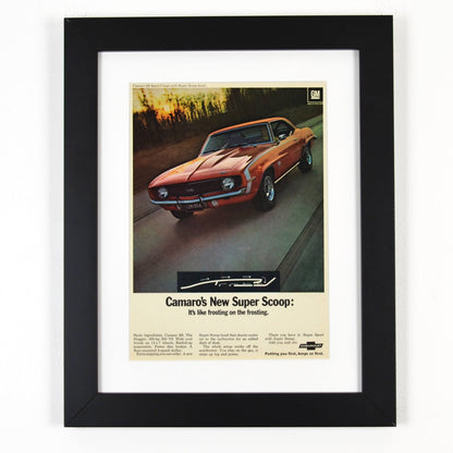 1969 Chevrolet Camaro SS Vintage Print Ad - Super Scoop Hood framed