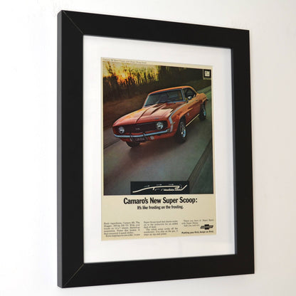 1969 Chevrolet Camaro SS Vintage Print Ad - Super Scoop Hood side view framed