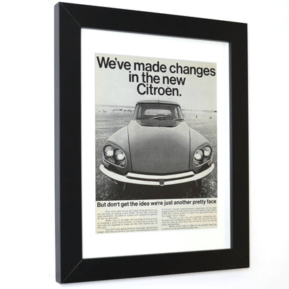 Vintage 1969 Citroën DS-21 Print Ad, side view, framed