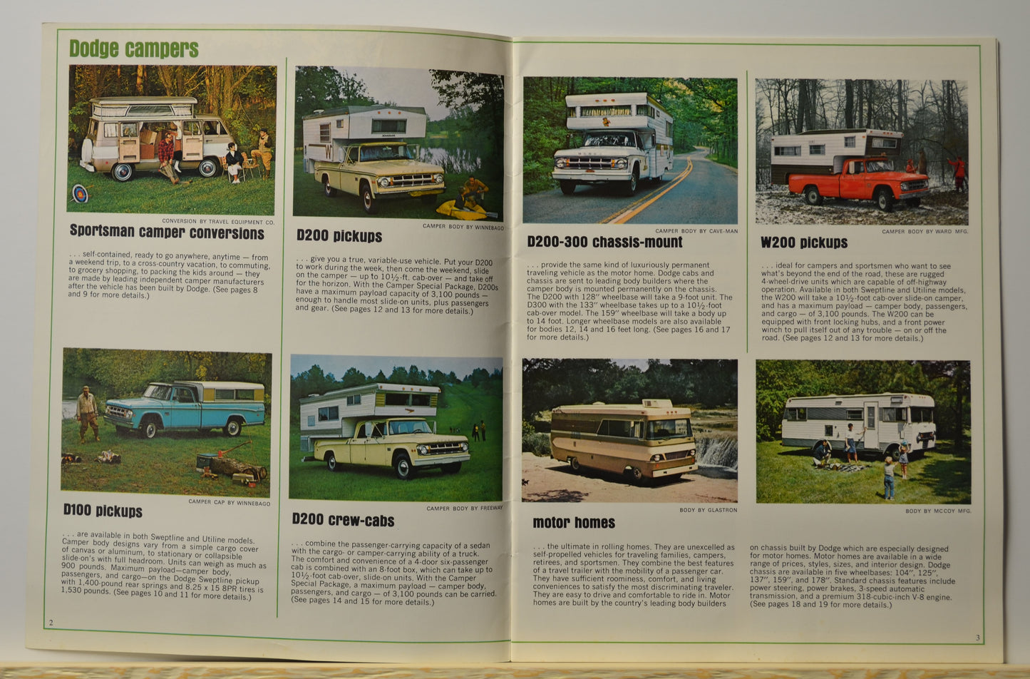 Vintage Dodge D100 and D200 campers in scenic outdoor settings