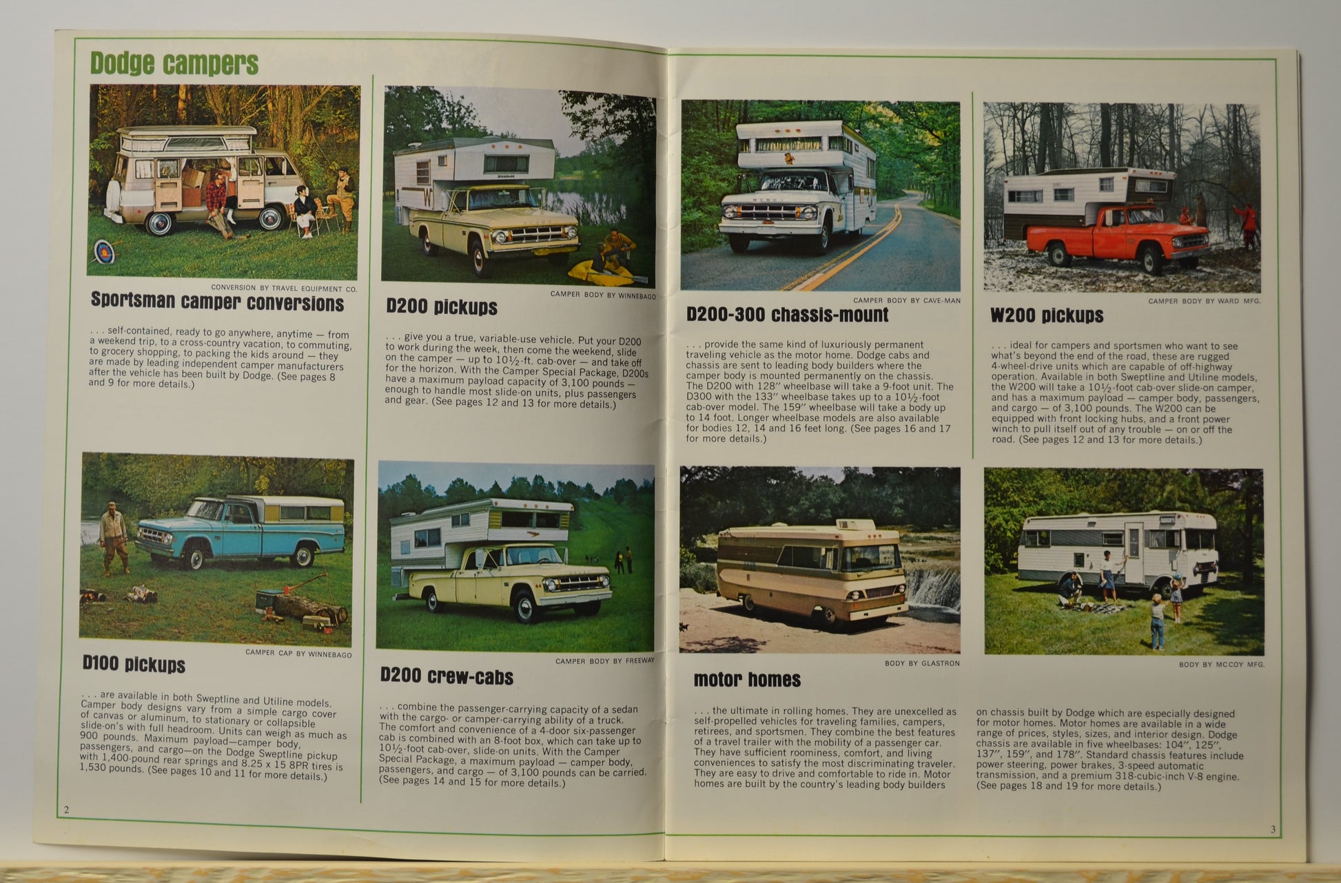 Vintage Dodge D100 and D200 campers in scenic outdoor settings
