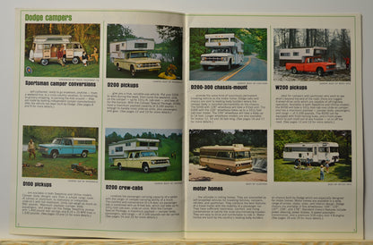 Vintage Dodge D100 and D200 campers in scenic outdoor settings