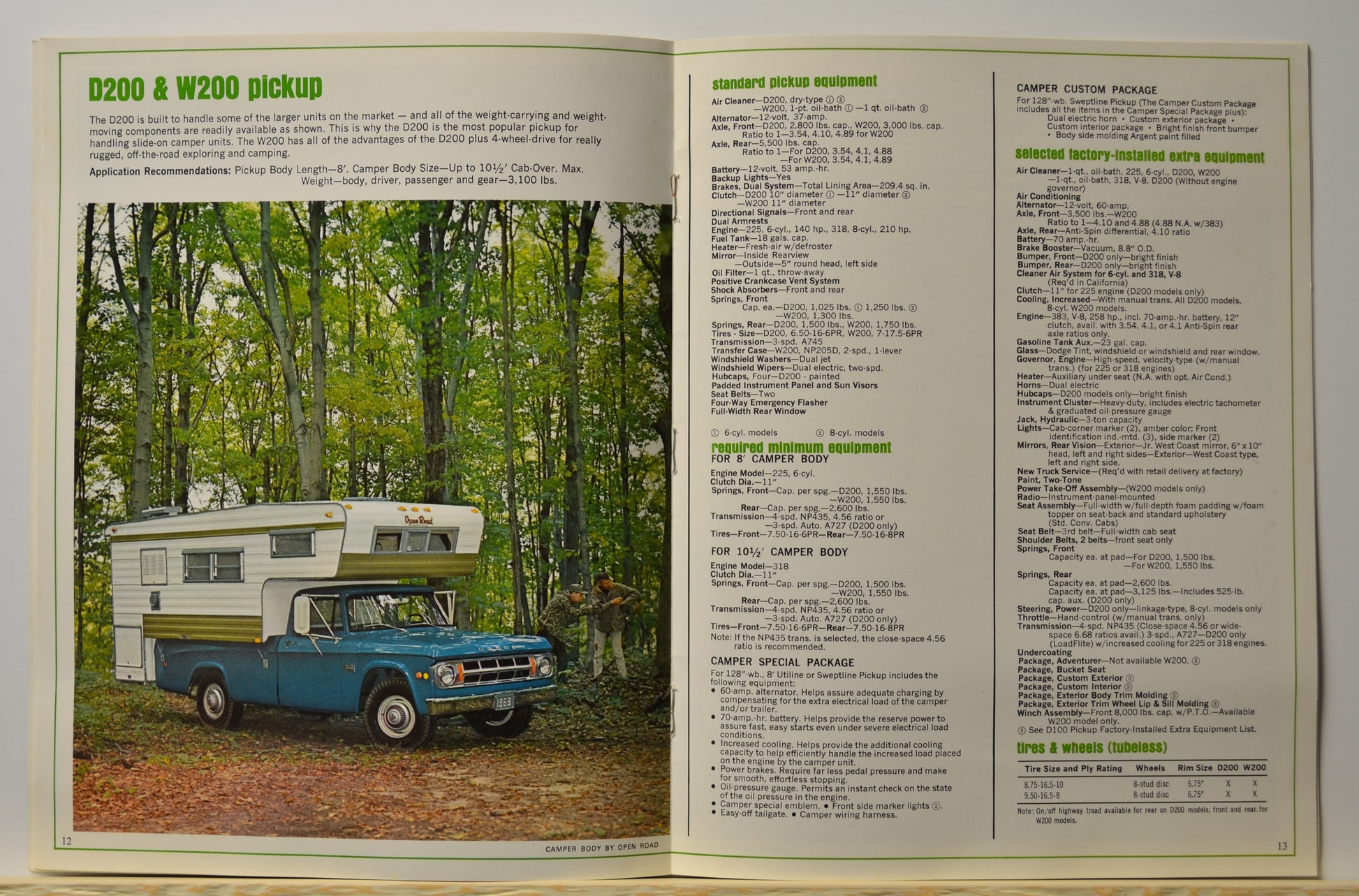 Technical specifications for D200 and W200 pickups with slide-in campers

