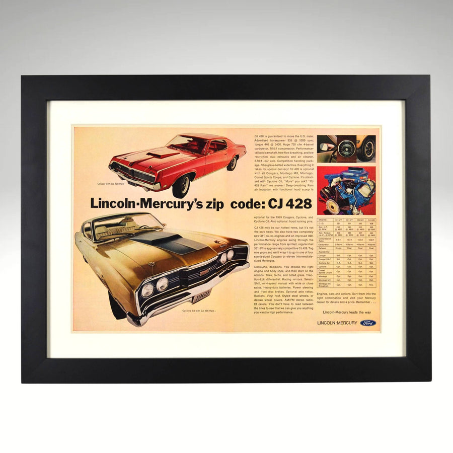 1969 Mercury CJ 428 ad with Cougar CJ and Cyclone CJ muscle cars framed print

