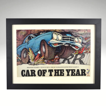 1969 Plymouth Road Runner framed vintage print ad featuring Motor Trend Car of the Year and vibrant MOPAR artwork, 15" x 20" dimensions.