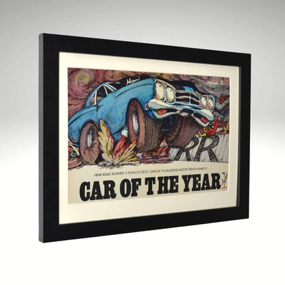 side view of 1969 Plymouth Road Runner framed vintage print ad featuring Motor Trend Car of the Year and vibrant MOPAR artwork, 15" x 20" dimensions.