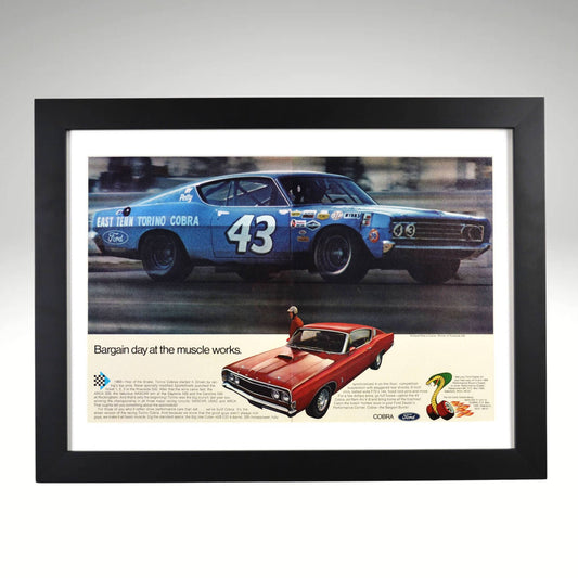 1969 Ford Torino Cobra ad with Richard Petty #43 race car and street  Cobra Framed print