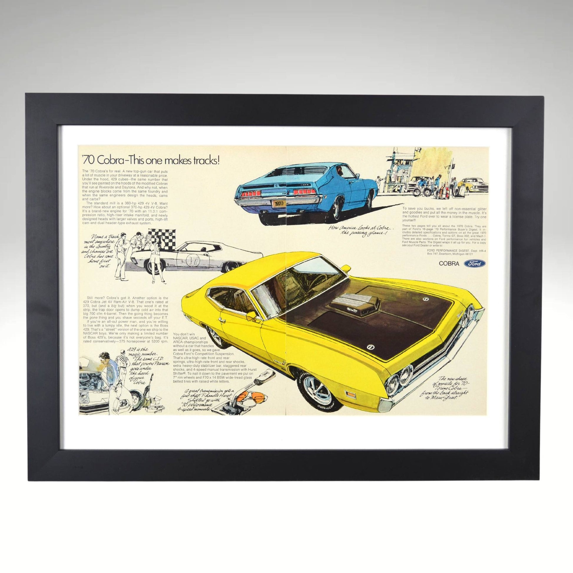 1970 Ford Torino Cobra framed print ad featuring the 429 Cobra Jet engine, T-handle shifter, and bold Ford muscle car styling.