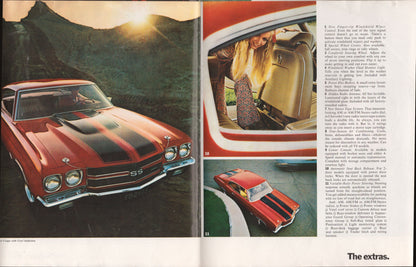 Vintage car advertisement with a red and black 1970 Chevelle muscle car, interior view, and scenic background.