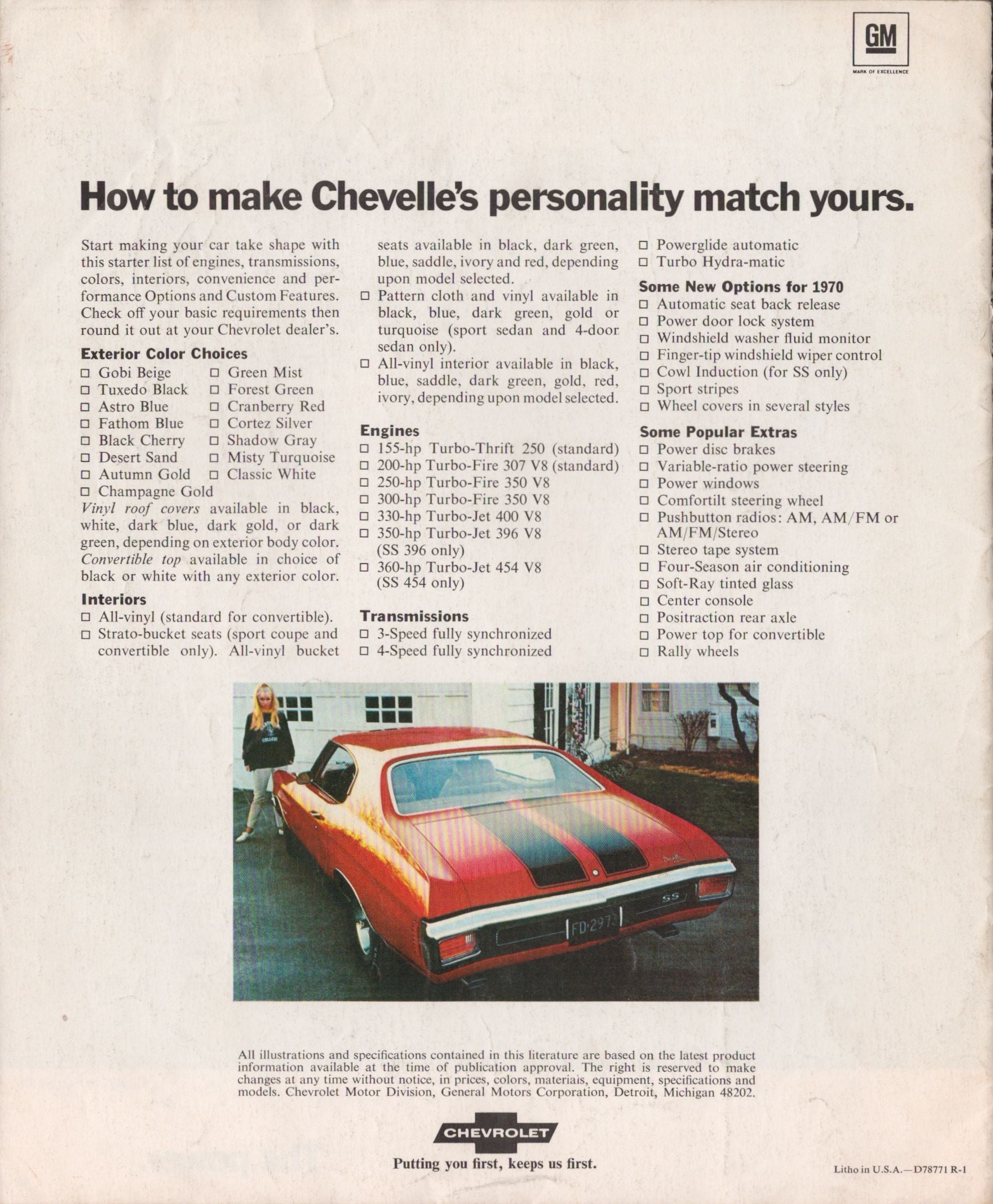 Vintage Chevrolet Chevelle advertisement with color options and specifications.