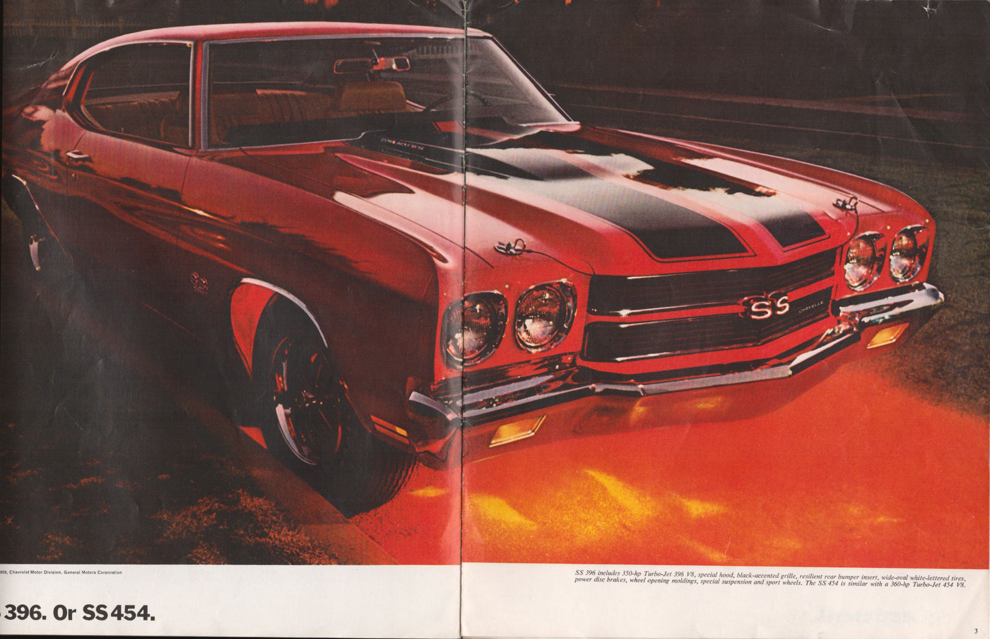 Vintage red 1970 Chevelle muscle car with black stripes on a dark background