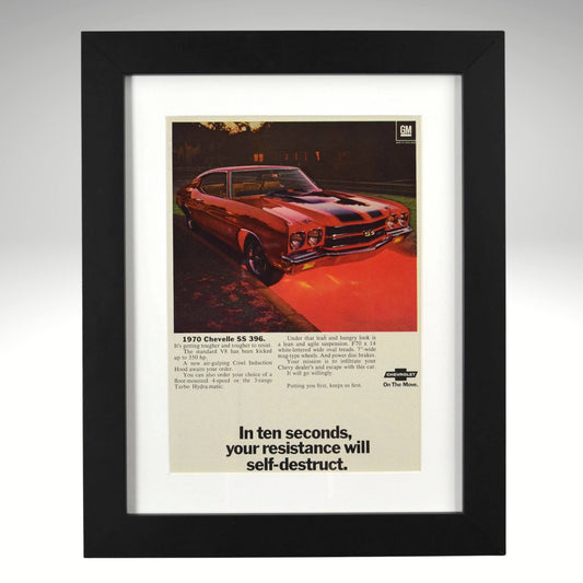 Framed advertisement of a red Chevelle SS 396 car with text on a gray background