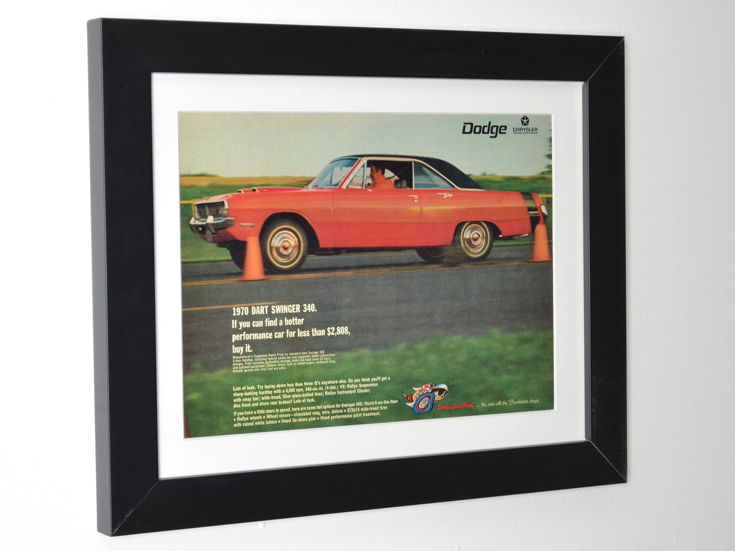 side view of framed 1970 Dodge Dart Swinger 340 vintage print ad – classic car wall art, Mopar muscle decor