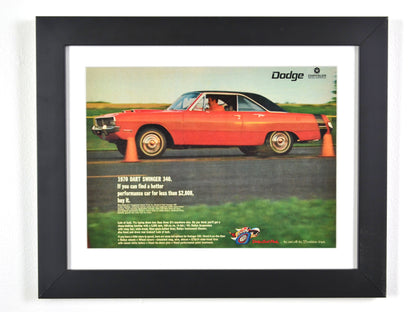 Framed 1970 Dodge Dart Swinger 340 vintage print ad – classic car wall art, Mopar muscle decor