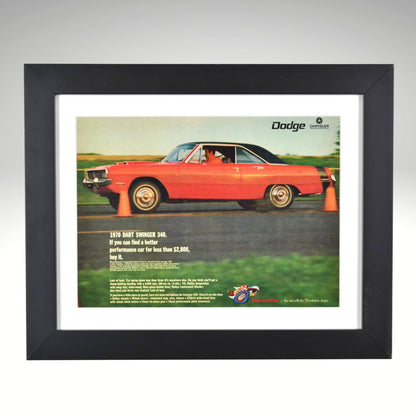 Framed advertisement of a red 1970 Dodge swinger car on a gray background