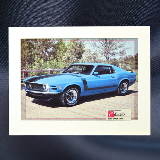 1970 Boss 302 Mustang vintage print, featuring the Grabber Blue muscle car with black graphics, perfect for collectors and Ford fans