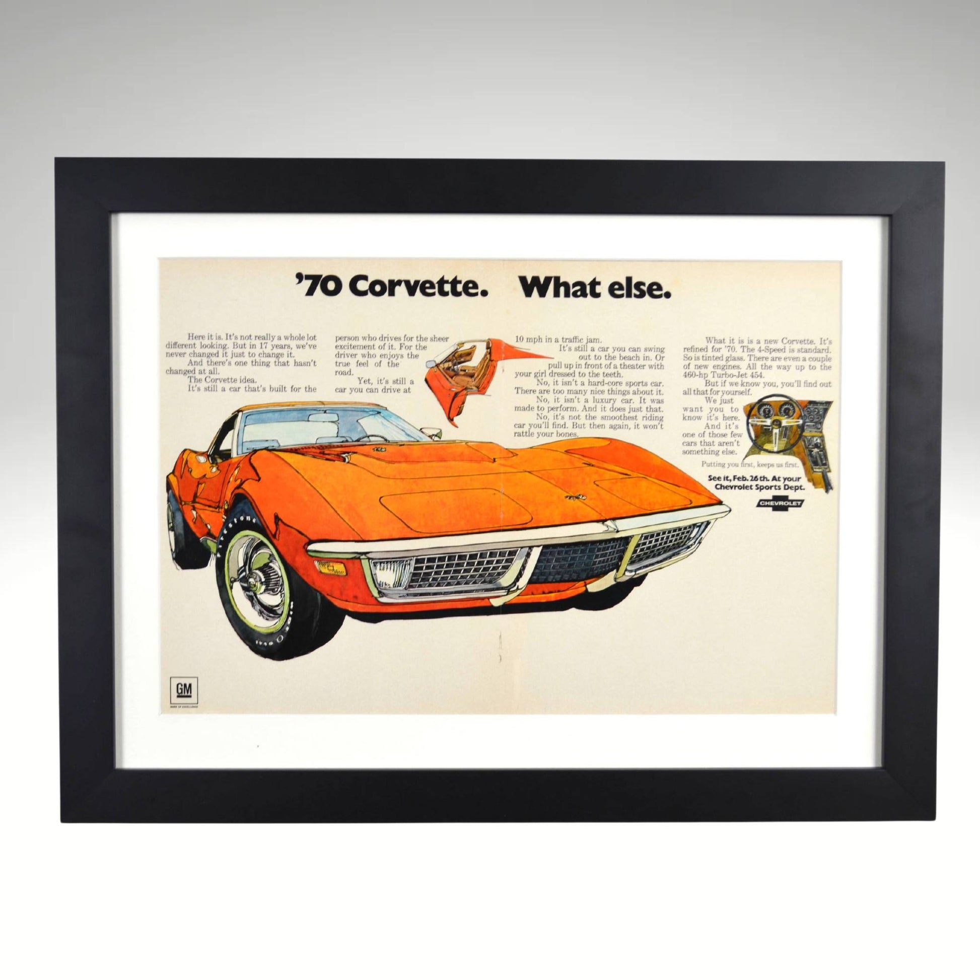 1970 Chevrolet Corvette framed vintage print ad showcasing the C3 sports car’s styling, pop-up headlights, and American muscle heritage.