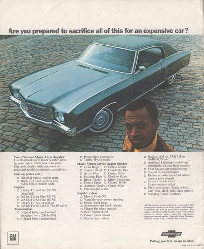 1970 Chevrolet Monte Carlo original dealer sales brochure back cover 