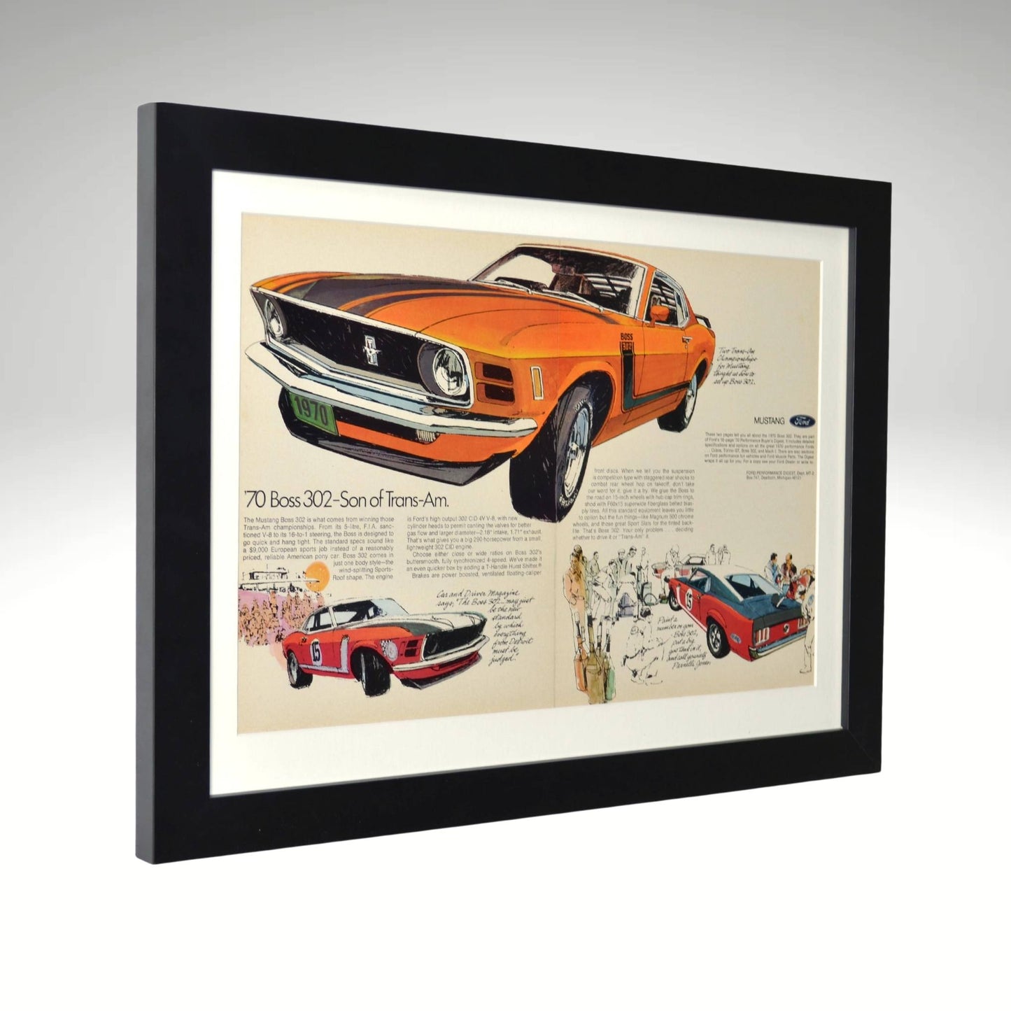 side view of  1970 Ford Mustang Boss 302 framed print featuring Trans-Am racing heritage, Parnelli Jones, high-revving 302 V8, and iconic Grabber Orange styling