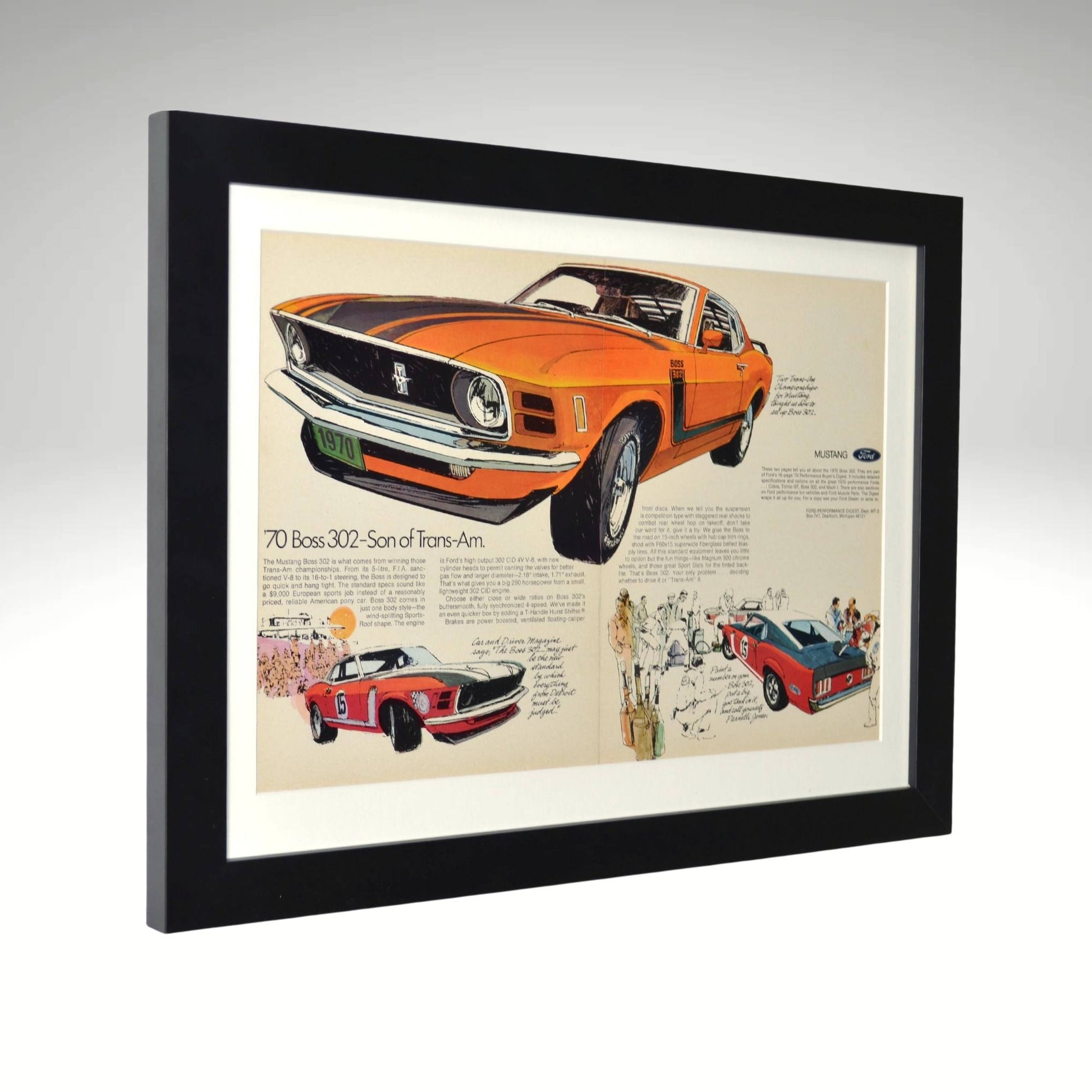 side view of  1970 Ford Mustang Boss 302 framed print featuring Trans-Am racing heritage, Parnelli Jones, high-revving 302 V8, and iconic Grabber Orange styling