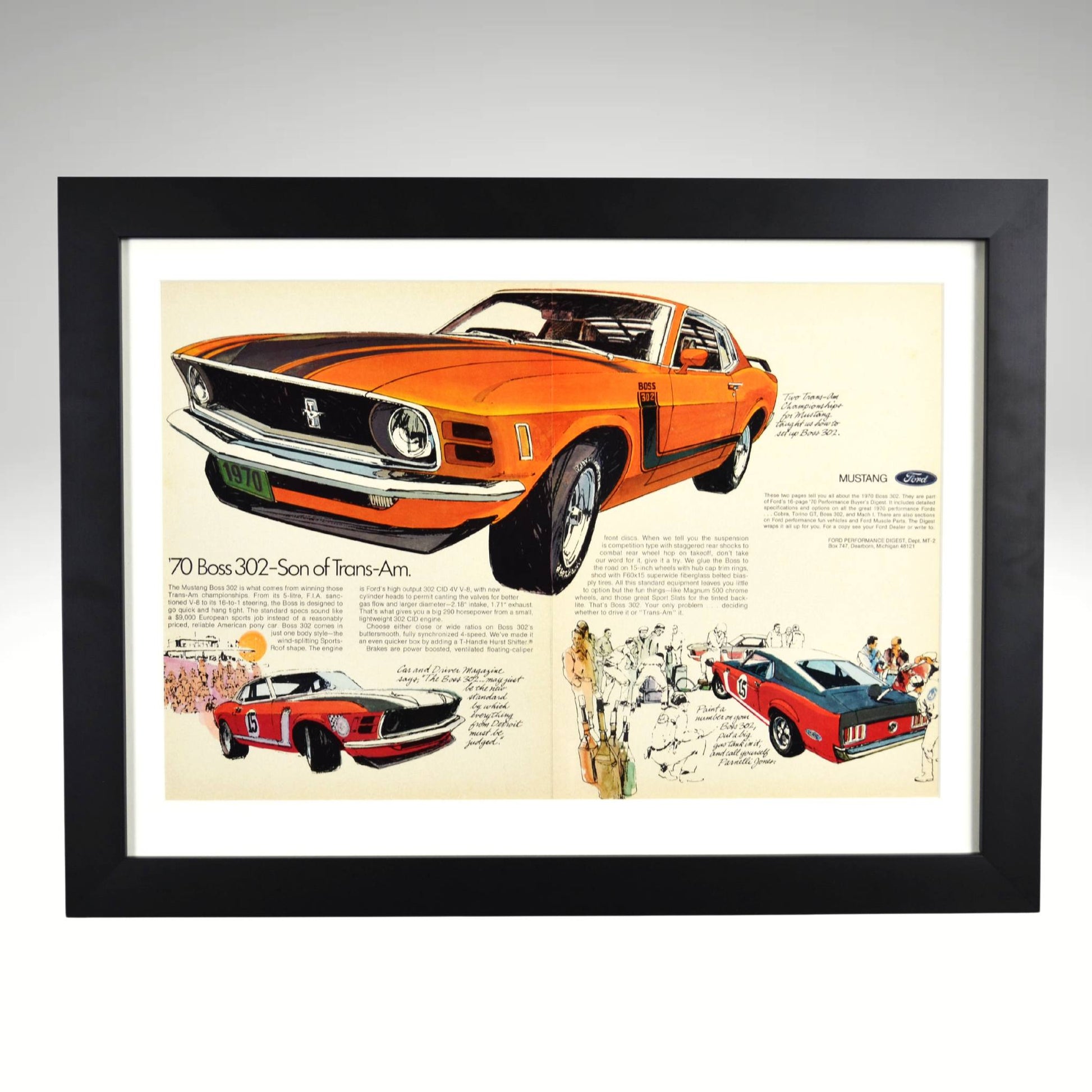 1970 Ford Mustang Boss 302 framed print featuring Trans-Am racing heritage, Parnelli Jones, high-revving 302 V8, and iconic Grabber Orange styling.
