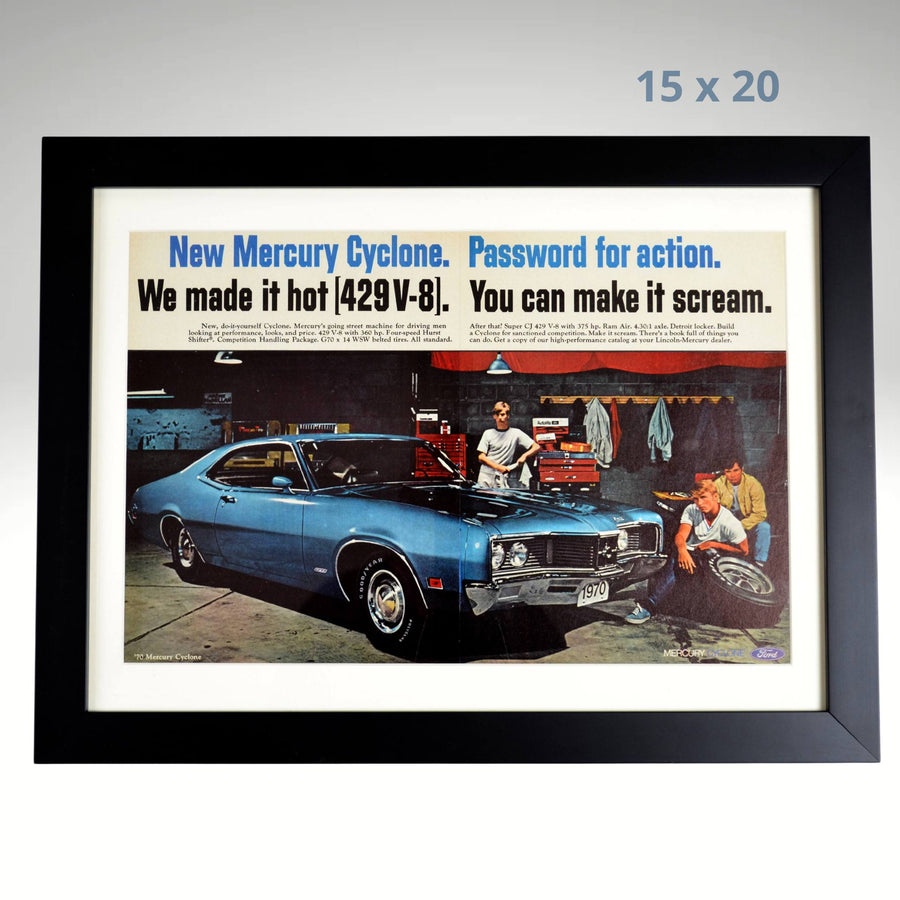 Framed 1970 Mercury Cyclone 429 V-8 Original Vintage Magazine Ad, Muscle Car Memorabilia, Automotive Wall Art, 15 x 20 Matte Black Frame