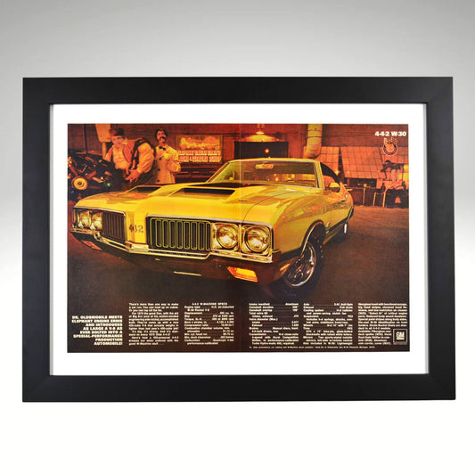 Framed 1970 Oldsmobile 442 W-Machine vintage ad print – automotive wall art, Olds muscle car decor, classic car gift for garage or man cave