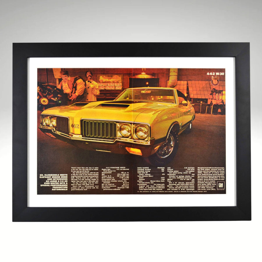 Framed 1970 Oldsmobile 442 W-Machine vintage ad print – automotive wall art, Olds muscle car decor, classic car gift for garage or man cave