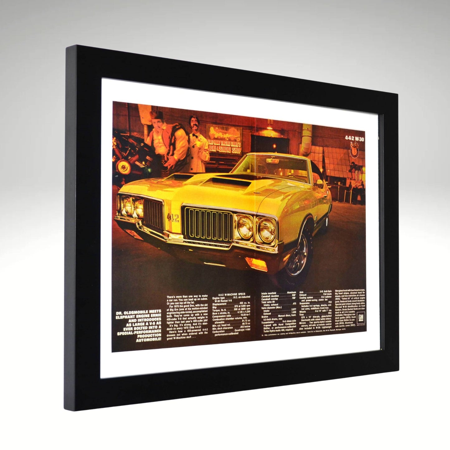 Framed 1970 Oldsmobile 442 W-Machine vintage ad print – automotive wall art, Olds muscle car decor, classic car gift for garage or man cave side view