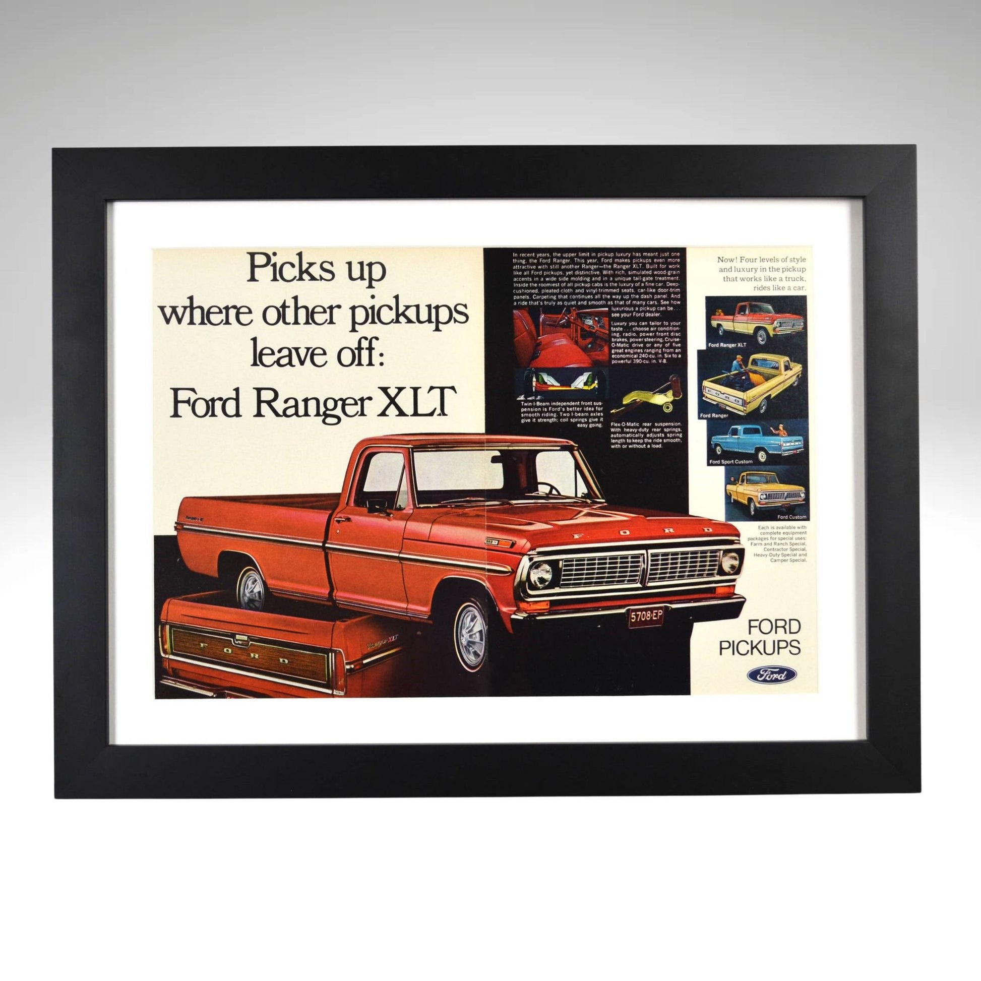 1970 Ford Ranger XLT pickup truck ad red vintage framed print