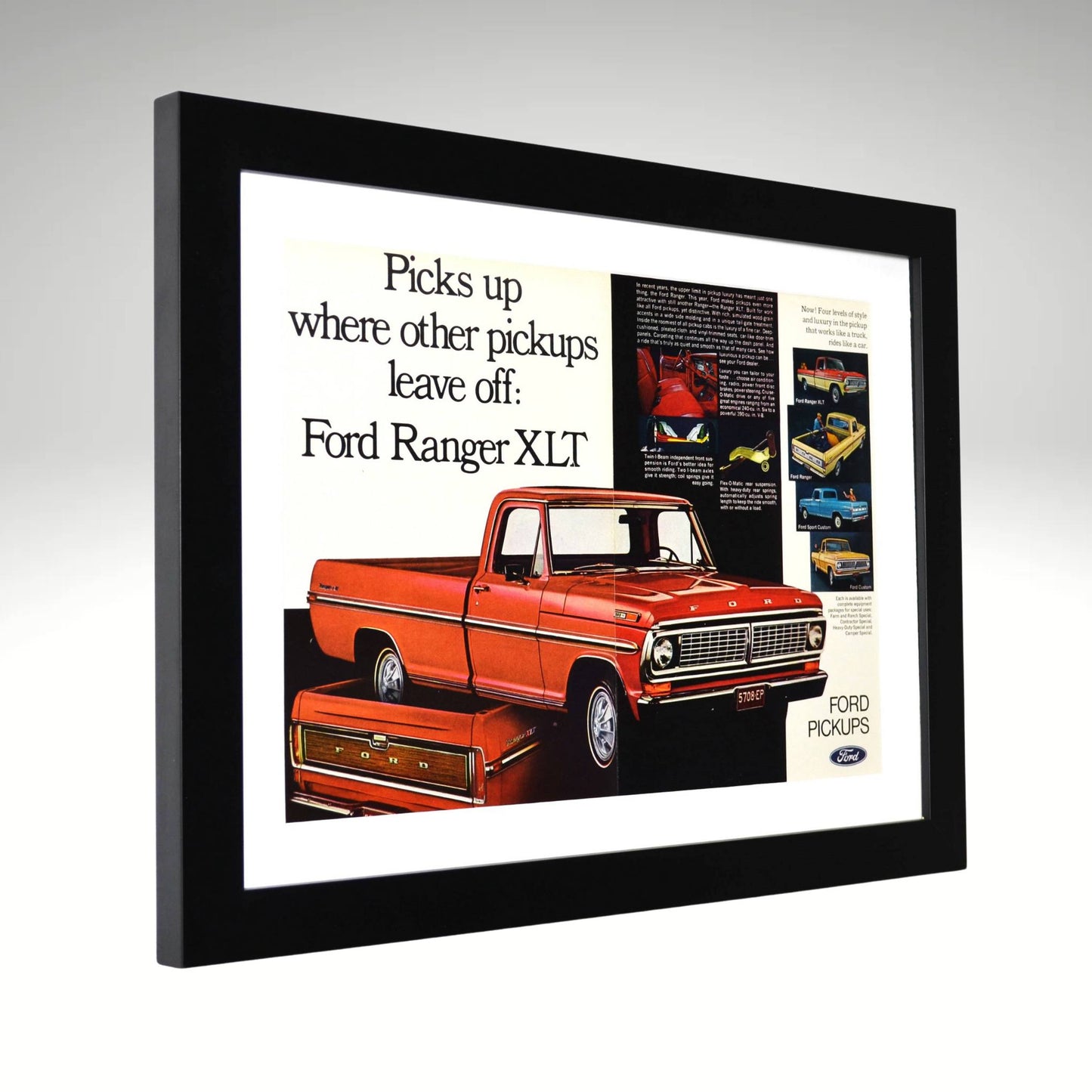 1970 Ford Ranger XLT pickup truck ad red vintage framed print side view