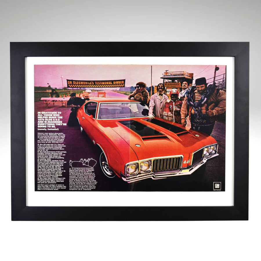 Framed 1970 Oldsmobile 442 ad print with Dr. Oldsmobile testimonial dinner scene – 15x20 vintage car wall art