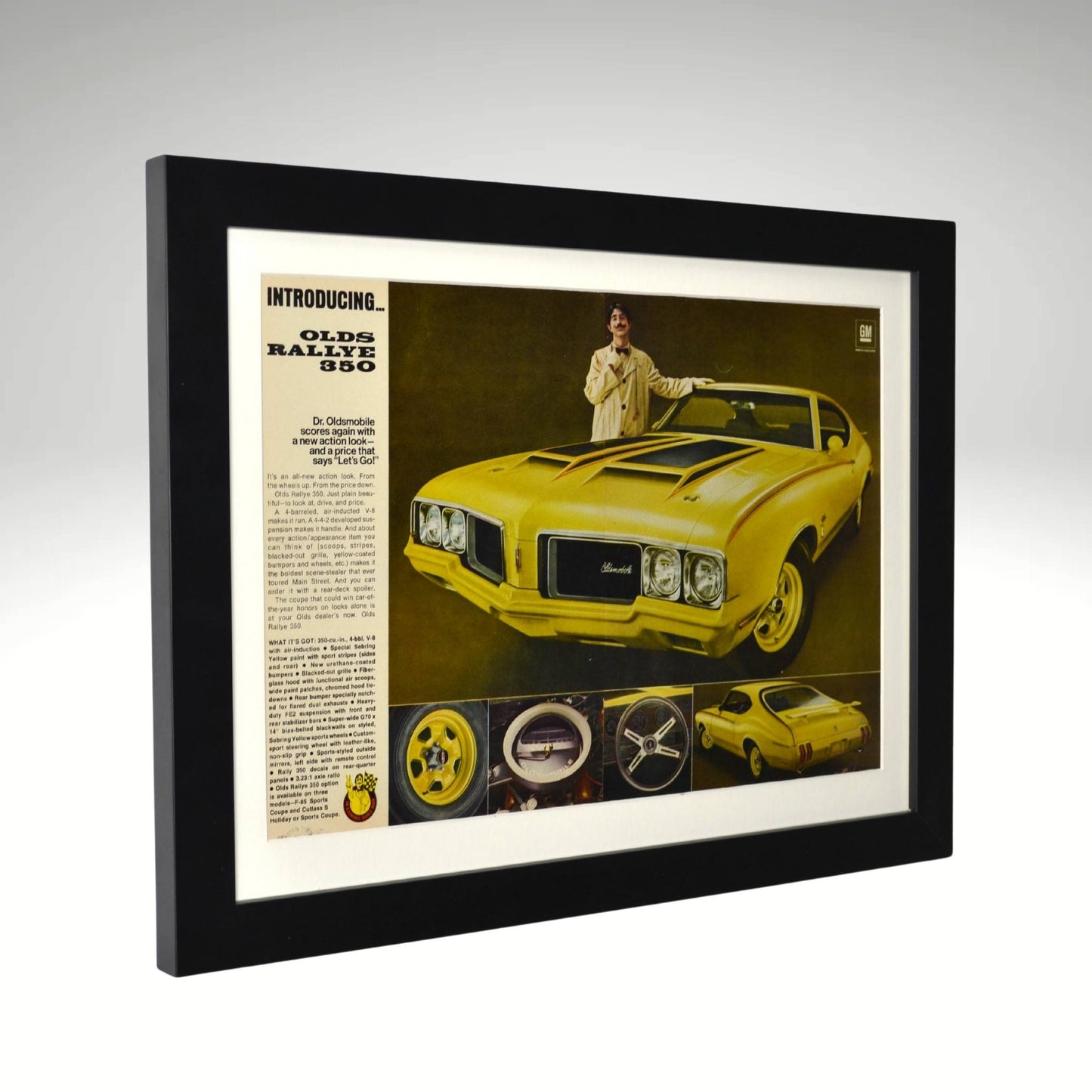 Side view of Framed vintage print of the 1970 Oldsmobile Rallye 350 with Dr. Olds, showcasing its bold Sebring Yellow design, black accents, and Rallye wheels.

