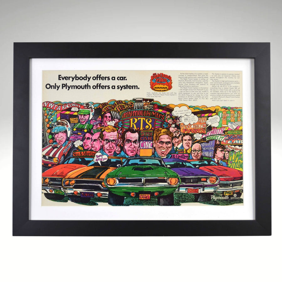 Framed 1970 Plymouth Rapid Transit System retro ad with colorful Mopar muscle lineup

