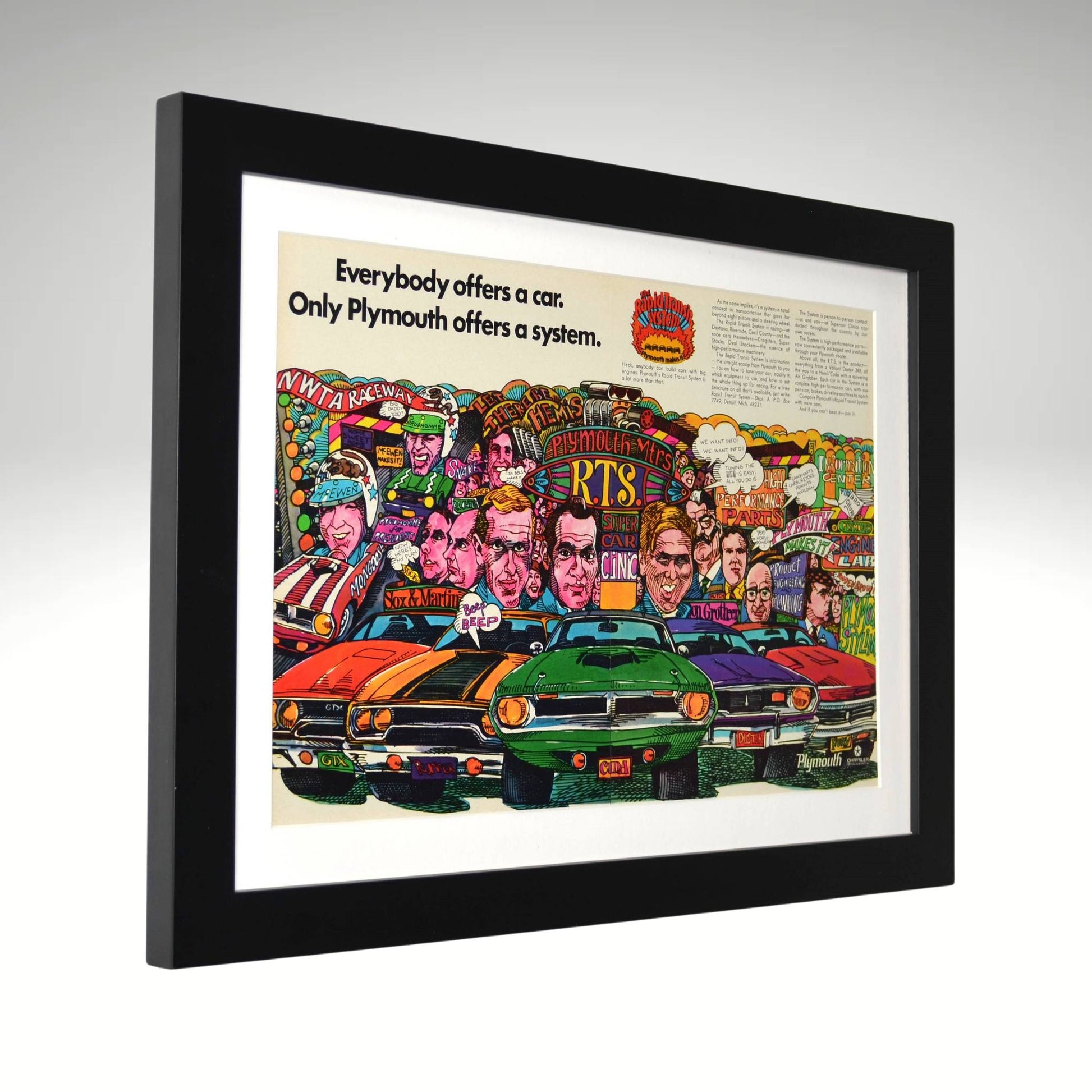 Framed 1970 Plymouth Rapid Transit System retro ad with colorful Mopar muscle lineup side view

