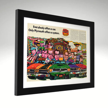 Framed 1970 Plymouth Rapid Transit System retro ad with colorful Mopar muscle lineup side view

