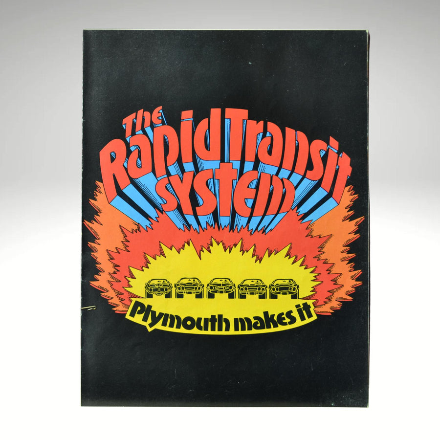 Cover of 1970 Plymouth Rapid Transit System brochure with explosive comic-style graphics