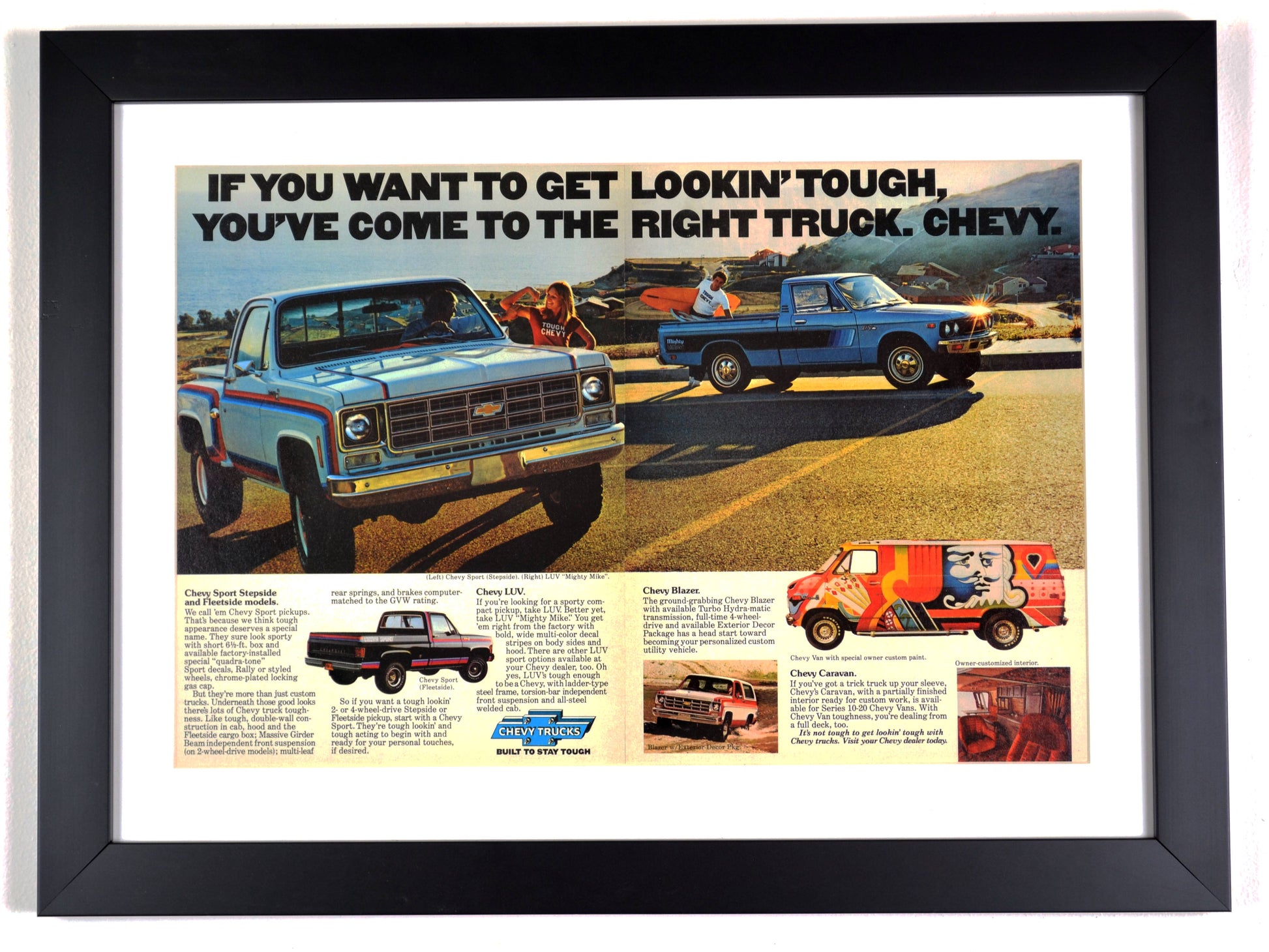 Framed 1977 Chevrolet truck ad print featuring Squarebody, LUV pickup, Blazer, and custom van with colorful 70s styling.