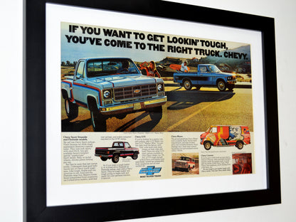 Framed 1977 Chevrolet truck ad print featuring Squarebody, LUV pickup, Blazer, and custom van with colorful 70s styling side view