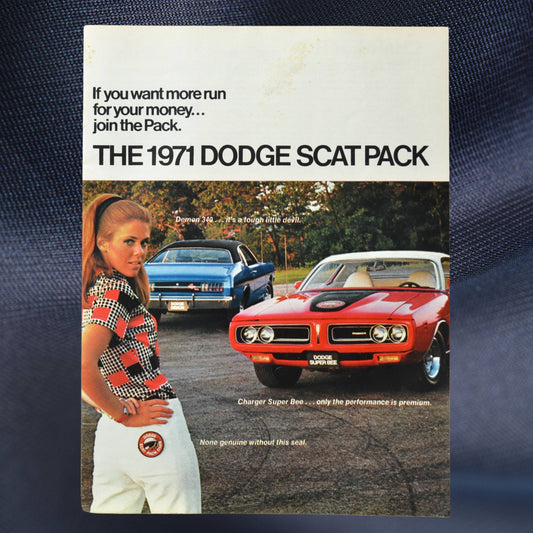 1971 Dodge Scat Pack sales flyer featuring a Dodge Super Bee, Demon 340, and a vintage Mopar performance theme.