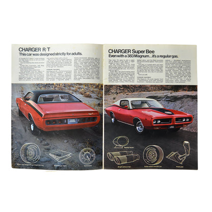 Inside pages of the 1971 Dodge Scat Pack brochure, showcasing a red Charger R/T and a red Super Bee with specs and performance details.