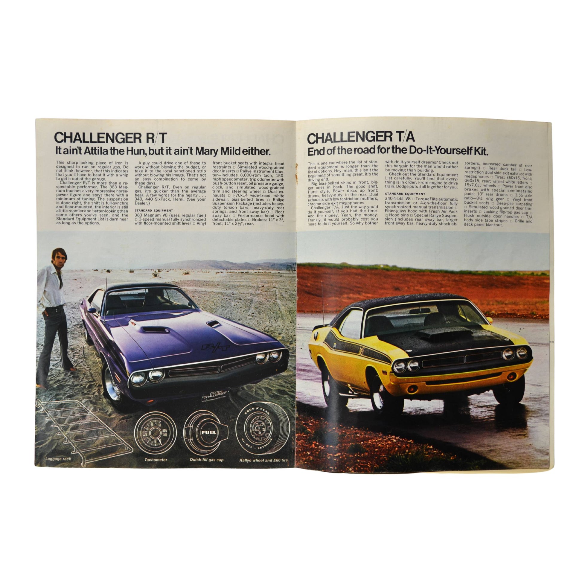 Interior spread featuring a Plum Crazy Challenger R/T and a yellow Challenger T/A with Mopar muscle highlights.