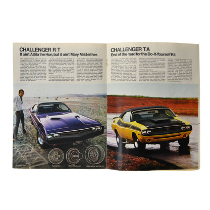 Interior spread featuring a Plum Crazy Challenger R/T and a yellow Challenger T/A with Mopar muscle highlights.