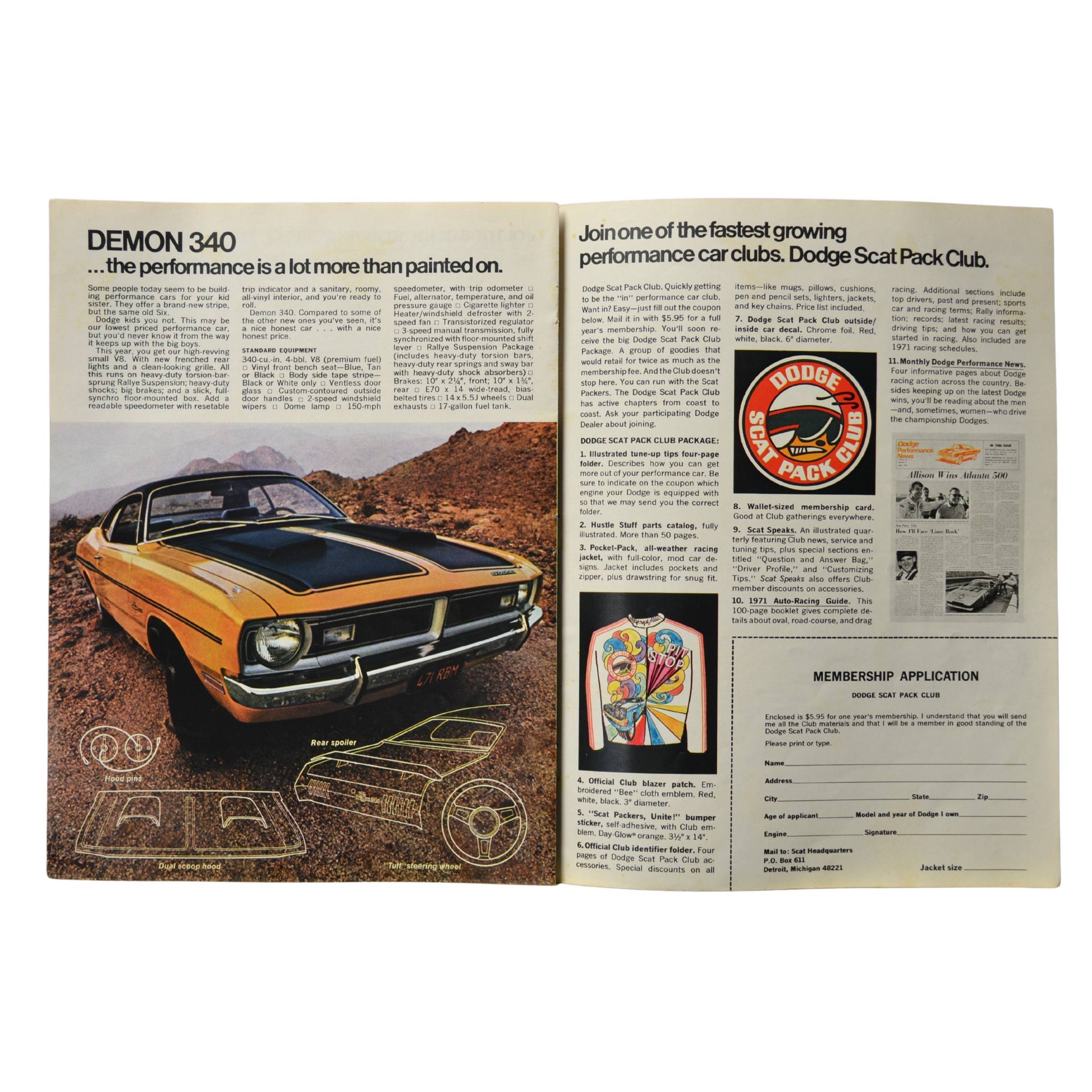 Dodge Demon 340 feature page alongside details on the Dodge Scat Pack Club membership.