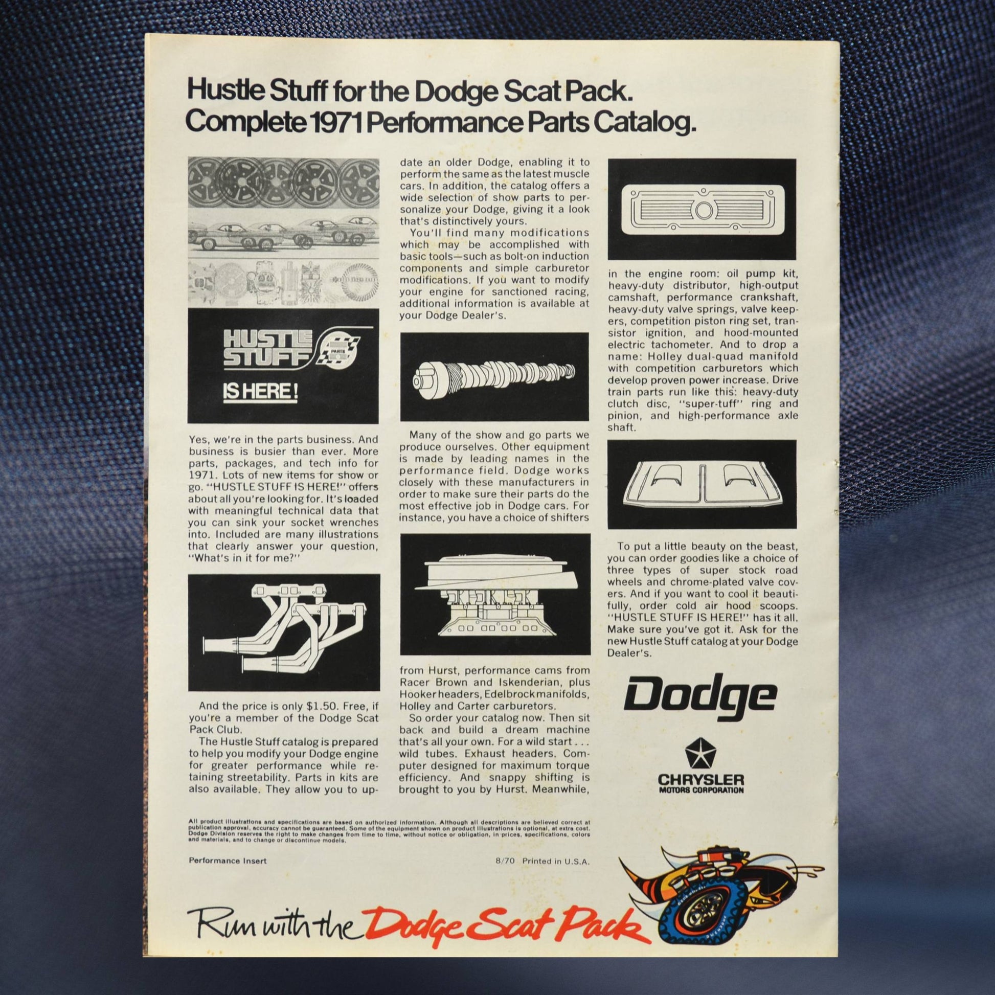 1971 Dodge Scat Pack flyer back cover featuring performance parts and Mopar Hustle Stuff catalog information.
