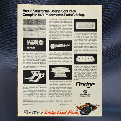 1971 Dodge Scat Pack flyer back cover featuring performance parts and Mopar Hustle Stuff catalog information.
