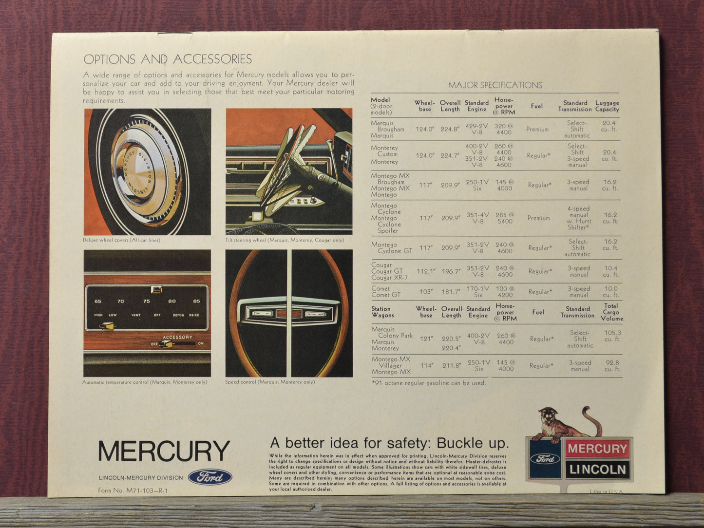 Vintage Mercury advertisement with specifications and options on a maroon background