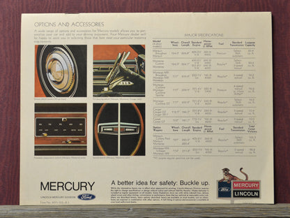 Vintage Mercury advertisement with specifications and options on a maroon background