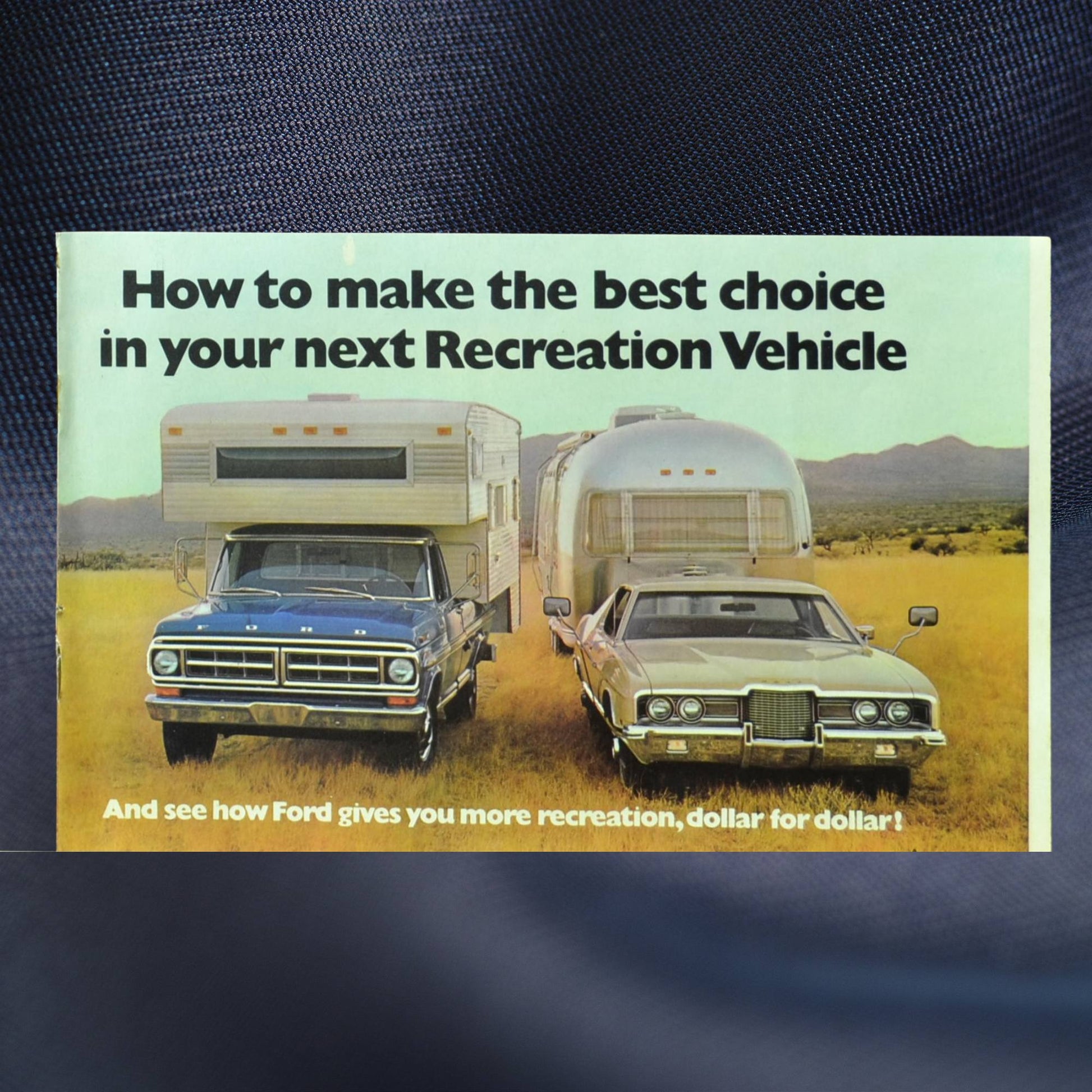 1971 Ford brochure front cover – Galaxie and F-250 with Airstream and camper trailer, vintage recreation ad