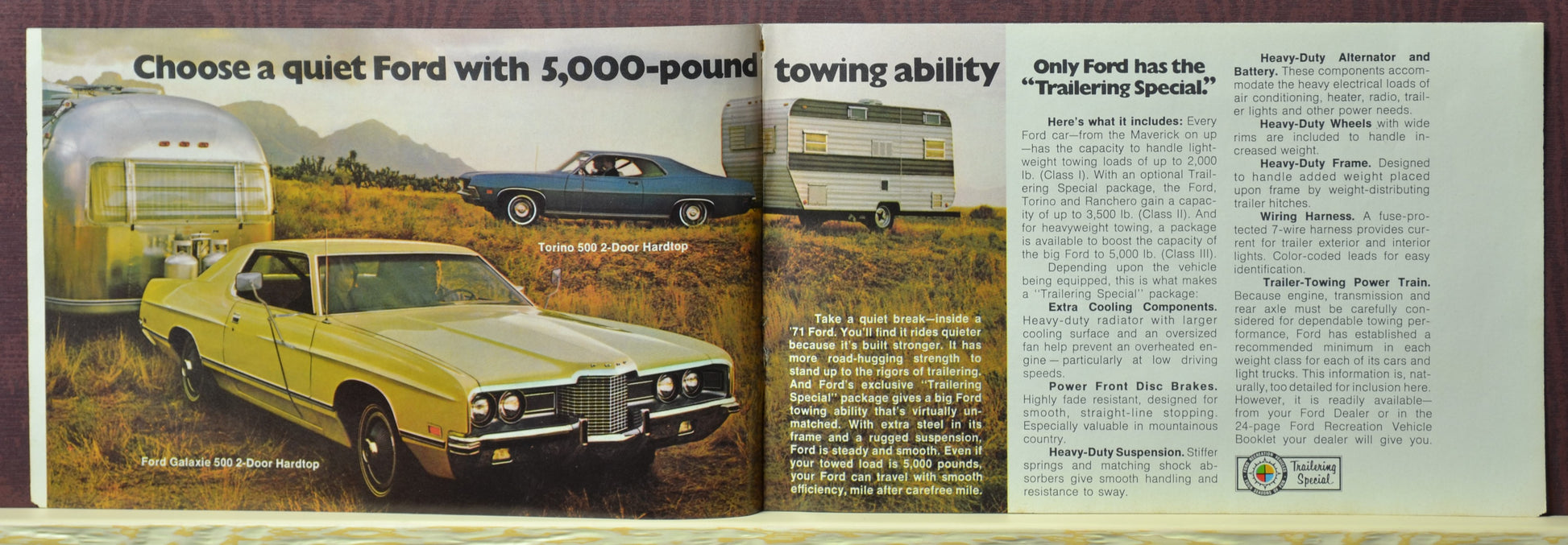 1971 Ford RV brochure – Galaxie 500 and Torino 500 towing travel trailers, Trailering Special details